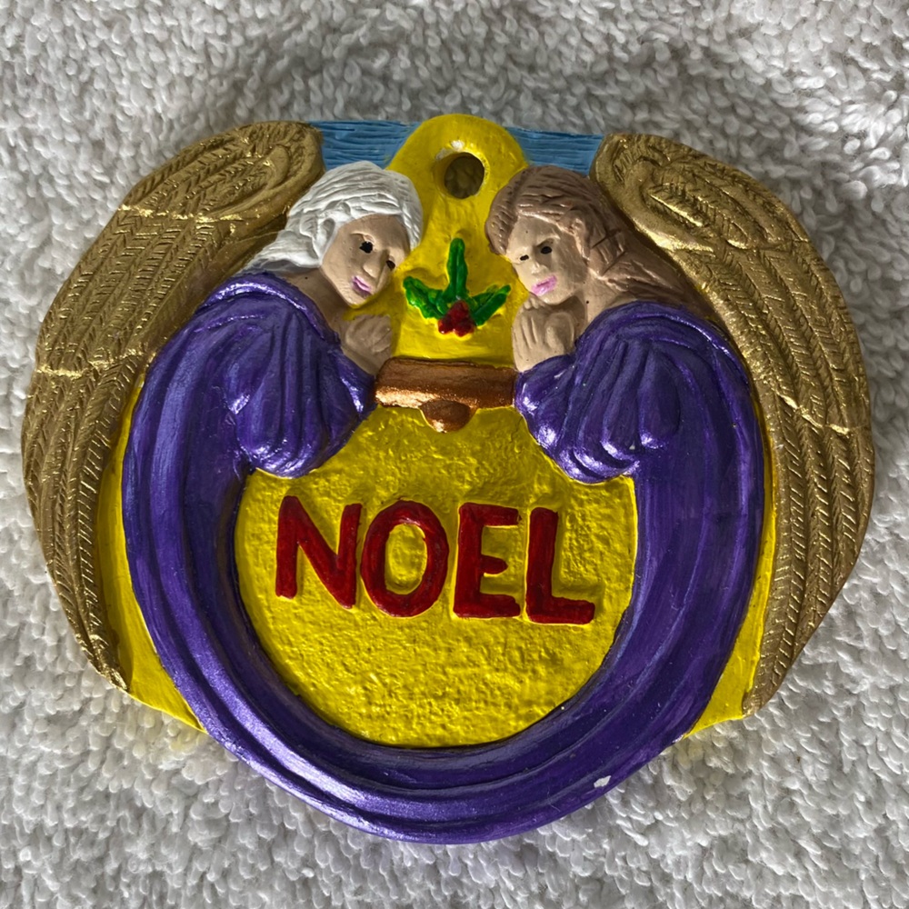 Vintage Hand Painted Praying Angels Noel Ceramic Christmas Tree Ornament